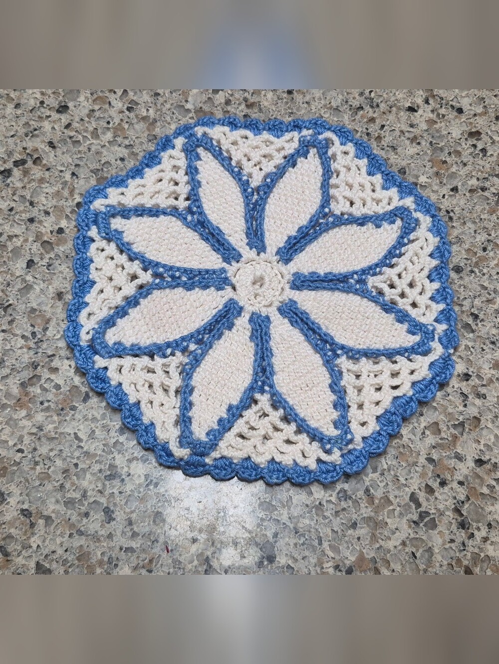 Vintage Handmade Crochet Flower Doily 5.5" White & Blue Floral Lace Coaster Mat